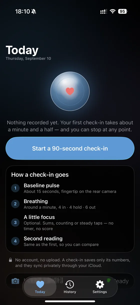 The Today screen: a glowing orb, a Start a 90-second check-in button, and the four steps listed below it.
