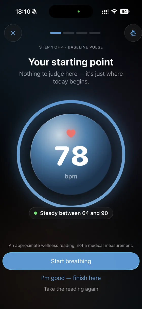 The first reading: 78 bpm inside a blue ring, the note Steady between 64 and 90, and a Start breathing button.