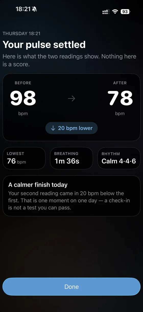 The result screen: 98 bpm before and 78 bpm after, side by side, with a short calm sentence underneath.